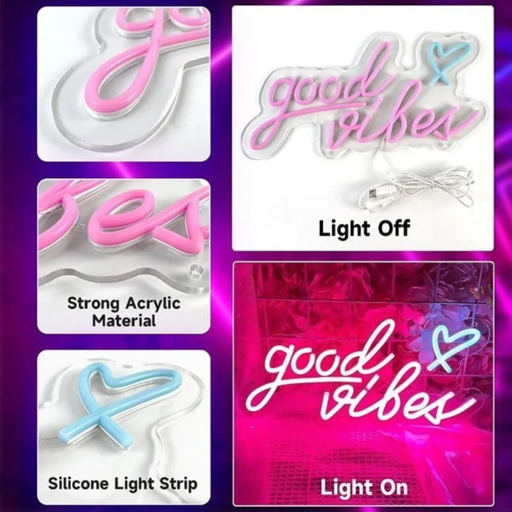 Airnesolly Good Vibes Neon‎ Sign USB Powered LED Lights 16 x 8 inch